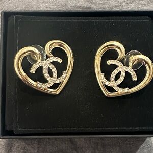 Authentic CHANEL Gold Heart CC Crystal Stud Earrings